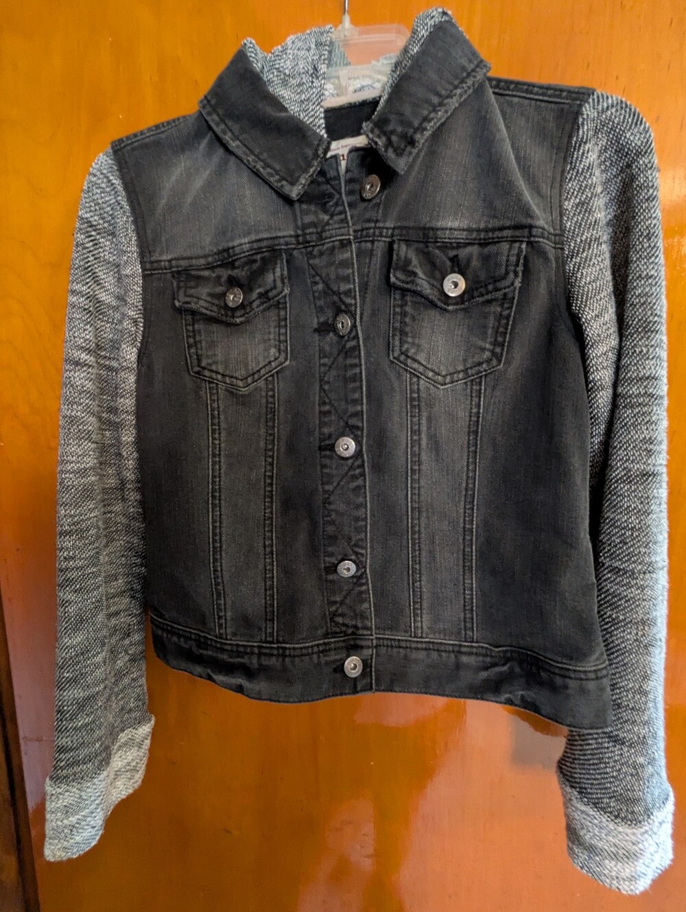Mudd Black Distressed Denim Jacket with Gray Knit Sleeves Sz. M